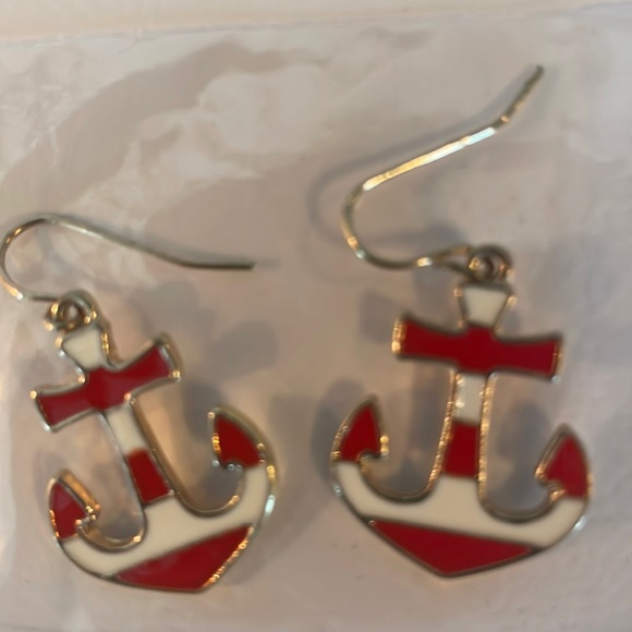 Statement Anchor dangle drop pierced earrings red white gold - Picture 1 of 4
